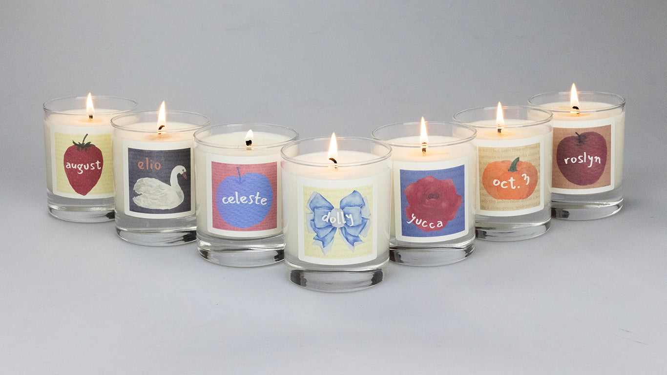 Line-up off all scented soy candles by BONKI. From left to right: August, Elio, Celeste, Dolly, Yucca, Oct. 3, Roslyn